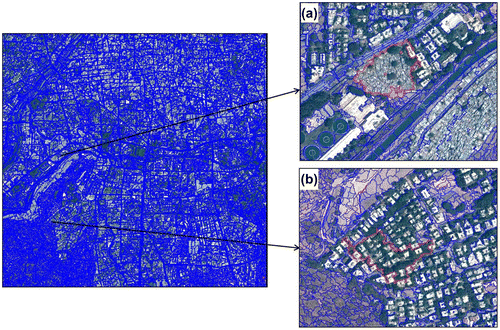 Figure 4. Settlement primitives at Level 2 using texture layer GLCM contrast: (a) highly dense buildings in slums outlined and displaying a clear contrast to neighbouring segments; (b) planned area with segments comprising different land cover features.