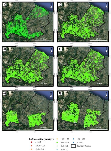 Figure 4. Line of Sight (LoS) mean displacement rate maps: (a) ERS ascending; (b) ERS descending; (c) ENVISAT ascending; (d) ENVISAT descending; COSMO-SkyMed ascending; (f) COSMO-SkyMed descending.