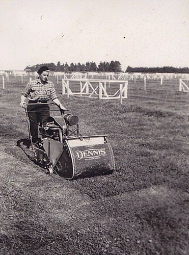 Figure 7  The late John Baird doing a herbage yield measurement cut on the superphosphate requirements of irrigated pasture trial during the late 1950s.