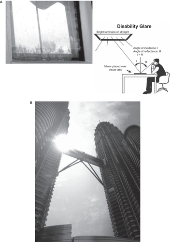 Figure 1 Disability glare results when a light source reflects from or otherwise covers the visual task, like a veil, obscuring the visual target, reducing its contrast and making the viewer less able to see and discriminate what is being viewed. A. This drawing illustrates the problem. In this example, bright light from a ceiling/window light fixture or skylight is reflected from the visual task surface, and into the observer’s eyes, veiling his recognition of the target visual content. Nearly as much light is reflected from the white paper as from the black ink making the letters, so that the contrast is low and the text is washed out and difficult to read. Such glare “disables” the process of reading. B. The example of outdoor glare.