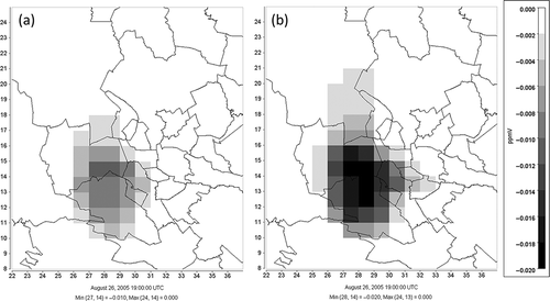 Figure 6. Ozone difference maps for VOC-only emission reduction scenarios: (a) 25% VOC reduction, (b) 50% VOC reduction.