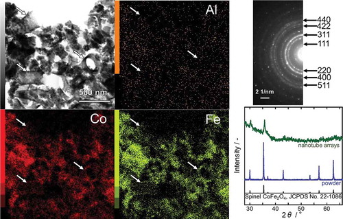 Figure 3. STEM (upper left), the corresponding EDX images (center and lower left) and SAED pattern (upper right) of CFO nanotubes. The XRD patterns of the CFO nanotube arrays on a SiO2 substrate and of CFO powder are shown at the lower right.