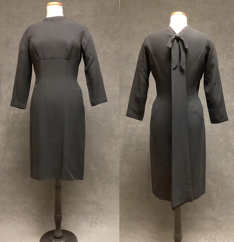 Figure 3 Luis Estévez, Front and back views of a black cocktail dress, 1955–59. Fabric and metal. ISU Textiles and Clothing Museum, 2022.7.2. Photograph by authors. <https://tcm.catalogaccess.com/objects/11338>