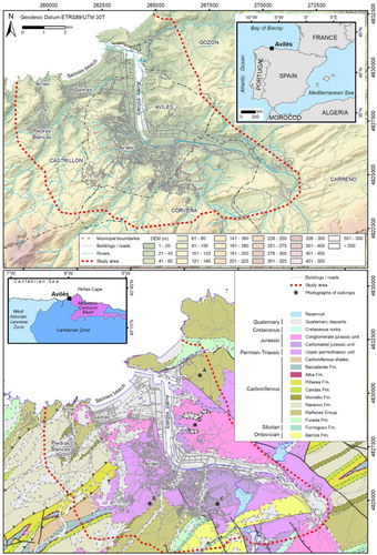 Figure 1. At the top: geographical setting and digital elevation model of the studied area; the names of the municipalities are in capital letters. At the bottom: simplified geological map of the Avilés area.