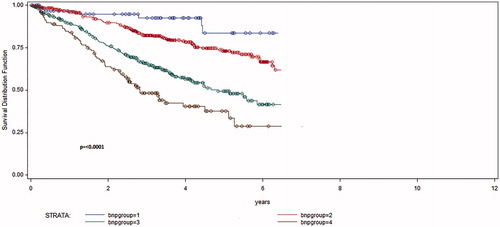Figure 3. Kaplan–Meier survival curves illustrating all-cause mortality in the four NT-proBNP quartiles during follow-up 1100 ± 687 days (p= <0.0001).