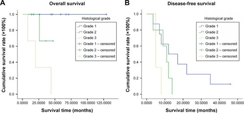 Figure 3 Overall survival (OS) (A) and disease-free survival (DFS) (B) by histologic grade in patients with primary angiosarcoma of breast.