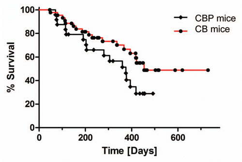 Figure 1 Kaplan-Meier survival analysis of CB and CBP mice. Kaplan-Meier survival analysis of CB and CBP mice cohorts reveals a trend towards shorter survival in the latter, but it is not statistically significant.