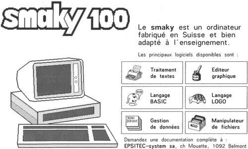Figure 3. Advertisement for the Smaky 100 from 1985 stating: ‘The Smaky is a computer manufactured in Switzerland and well adapted for education.’ (Bovet et al. Citation1985, 7).