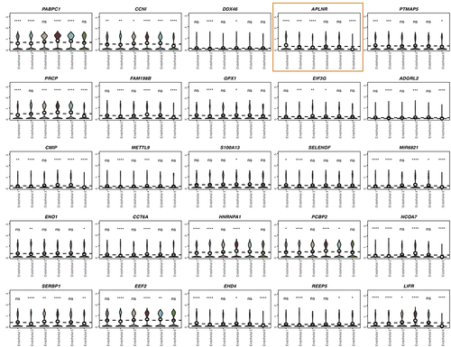 Figure 3 Violin plots illustrating the expression levels of 25 hub genes as determined by WGCNA analysis. APLNR (orange box) exhibited the highest up-regulation in E1 (*p < 0.05; **p < 0.01, ***p < 0.001, ****p < 0.0001, ns no significance).