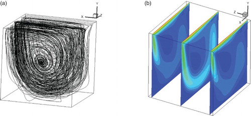 Figure 18. (a) The streamlines and (b) the velocity for the three-dimensional lid-driven cavity flow at .