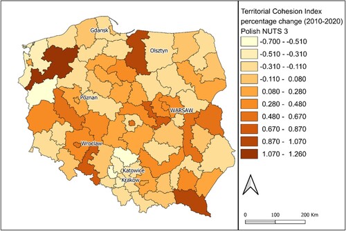 Figure 5. Territorial Cohesion Trends in Poland (2010–2020) – change of the TC index. Source: own elaboration.
