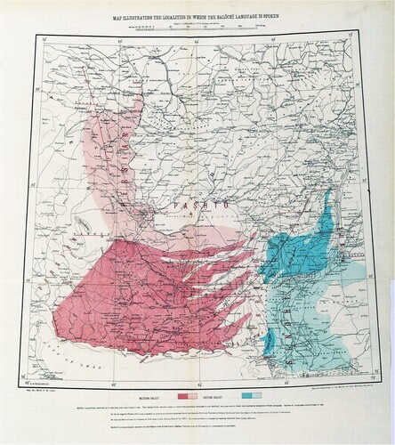 Fig. 6. ‘Map Illustrating the Localities in Which the Balochi Language Is Spoken’, in George A. Grierson, ed., Linguistic Survey of India, vol. 10: Languages of the Eranian Family (Calcutta, 1921), folded, facing p. 327. Scale 1 inch = 64 miles. 30 × 36 cm. The area where the western dialect is spoken is shown in red and the eastern dialect is shown in blue. Note the arbitrary ‘straight line from the junction at Minab and Biaban districts on the coast to Nasratabad Sipi’ in the southwestern section of the map, which Grierson duplicated from a map received from the Political Resident in the Persian Gulf. (Courtesy of the Digital South Asia Library, University of Chicago.)