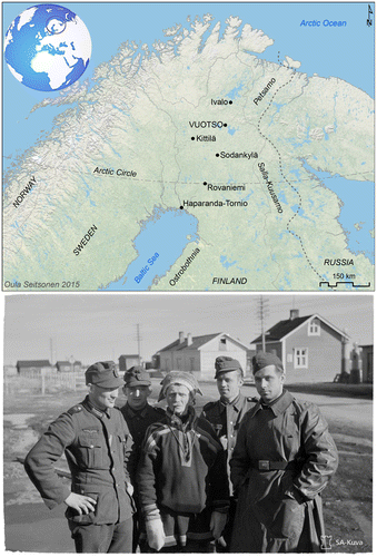 Figure 1. (Top) Vuotso and other places mentioned in the text; dashed line shows the frontline from 1941 to 1944 (Illustration: Oula Seitsonen); (Bottom) Original caption: ‘German brothers-in-arms with a Vuotso reindeer herder in Sodankylä’ (SA-kuva 82346/Sodankylä/18.04.1942).