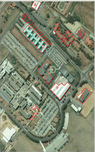 Figure 13. A snapshot of University of Pavia region from Google Maps (accessed 02 November 2011). A big part of the image remains unchanged from the date of acquisition of the ROSIS image. The boxes delineates specific areas considered in the discussion to visually compare the geometric stability of the classification results. Imagery ©2011 DigitalGlobe, GeoEye.