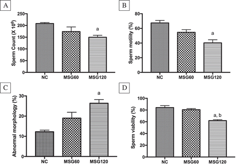Figure 1. Effects of MSG on sperm (A) count, percentages of (B) motility, (C) abnormal morphology, and (D) viability. ap < 0.05, as compared to normal control group, bp < 0.05, as compared to 60 mg/kg group.