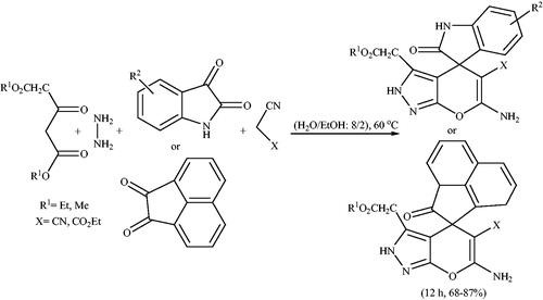 Scheme 9. Catalyst-free synthesis of spiro-pyrano[2,3-c]pyrazole derivatives in water/ethanol at 60 °C.