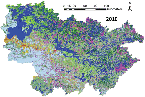 Figure 11. 2010 Lake of the Woods/Rainy River Basin level 2 land cover classification. The legend is shown in Figure 9.