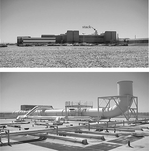 Figure 1. The 331 Building Life Sciences Laboratory (top) and closeup of final exhaust stack (bottom).