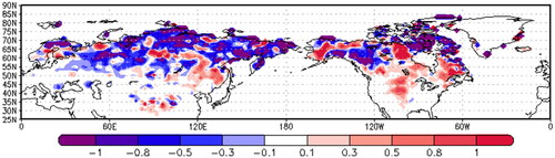 Fig. 5. Regression of initial snow water equivalent thickness (cm) prescribed for Nov. 1 on DJF NAO index.