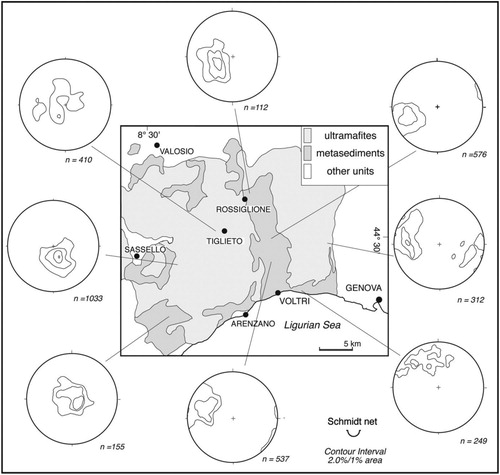 Figure 3. Synoptic map showing the orientation of the composite fabric (CF) in different domains of the Voltri Massif (redrawn and modified after Capponi & Crispini, Citation2002).