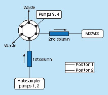 Figure 2. Schematic configuration of the 2D-LC–MS/MS system.The six-port valve was placed initially in position 1 during the sample injection at which the column eluent was diverted to waste and peptides were gradient eluted from the first column through pumps 1 and 2. The valve was switched to position 2 at 6.0 min, and the LC fraction containing the SP and IS was directed to the second column. Shortly after complete elution of the analyte from the first column and transfer to the second column, the valve was switched back to position 1 at 7.3 min. The trapped peptides were eluted from the second column by pumps 3 and 4, and were subsequently analyzed by mass spectrometry.IS: Internal standard; SP: Surrogate peptide.