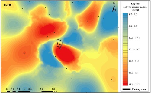 Figure 2. Geo-Spatial distribution of 238U in the soils of the study area.