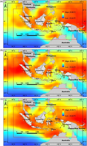 Figure 3. SST around Indonesia in September–December 2014 (a), 2015 all year (b) and 2016 all year (c). Small rectangular with dash line is the boundary of SST1 and big rectangular with dash line is the boundary of SST2.