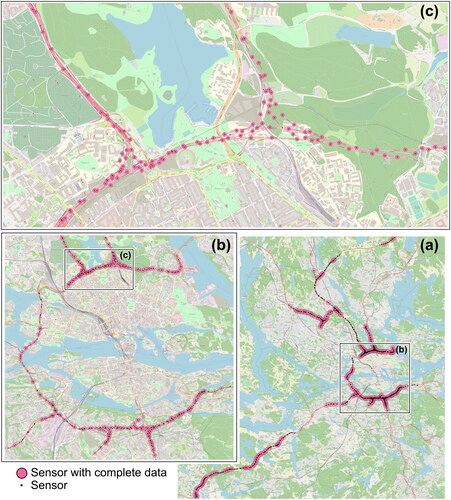 Figure 2. Case study of motorway control system sensors of Stockholm, Sweden active at least one day 2017-2018. The sensors with complete data in case study period are highlighted. (a) Complete network of active sensors. (b) Area around the city center. (c) Zoom-in illustration of the sensor density.
