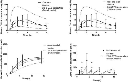 Figure 3. Simulated versus observed plasma concentrations and urine excretion of DMSA following oral administration of 10 mg/kg bodyweight in healthy human volunteers. Observed data are presented as mean ±95% CI.