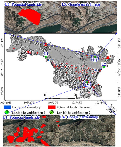 Figure 10. Distribution of the potential landslide zone in Lanzhou city (Landslide verification 1: L1and L2 belong landslide inventory and potential landslide zone; Landslide verification 2: L3 and L4 belong potential landslide zone).