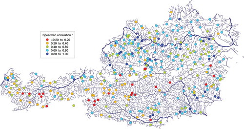 Fig. 4 Spatial distribution of Spearman’s correlation coefficient between flood peaks and volumes in Austria.