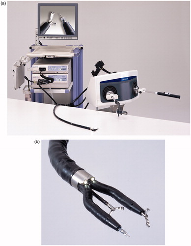 Figure 1. (a) The system of the ENDOSAMURAI™ (by courtesy of Olympus Medical Systems, Tokyo, Japan). (b) The insertion part of the ENDOSAMURAI™ (by courtesy of Olympus Medical Systems, Tokyo, Japan).