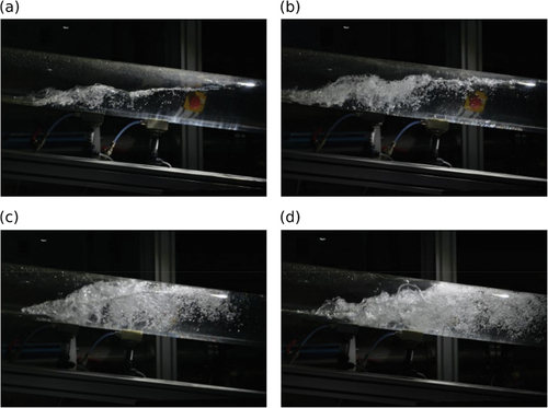 Figure 8. Visualisation à une position fixe dans la conduite du ressaut hydraulique par caméra rapide pour différents débits : (a) Q = 0,25 Qmax, (b) Q = 0,6 Qmax, (c) Q = Qmax, (d) Q = 1,3 Qmax.