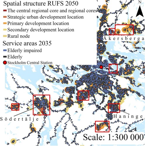 Figure 9. Close-up of potential problem areas south of Stockholm city center, shown in red rectangles for the population subgroups in the 2035 scenario