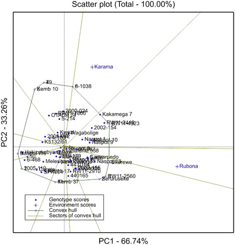 Figure 2. GGE interaction bi-plot for FRY of 51 sweetpotato genotypes evaluated at the Karama and Rubona sites in 2016.