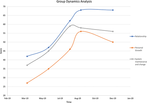 Figure 3. Group dynamics of 3 dimensions (relationship, personal growth, system maintenance) over 9 months of MT. The score is the cumulative score of the 3 external raters.