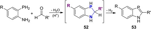 Scheme 31. Acid-catalyzed reaction between 2-phosphinoanilines and aromatic aldehydes.