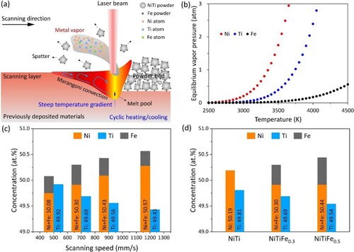 Figure 16. (a) Schematic of melt-pool behaviour during L-PBF of NiTiFex alloy. (b) Equilibrium vapour pressures of Ni, Ti and Fe elements over the liquid alloy for NiTiFe0.5 alloy. The detailed calculation is presented in the supplement. (c) Variation of Ni, Ti and Fe contents in the NiTiFe0.3 alloy with increasing scanning speed from 500 to 1200 mm s−1 (P = 140 W is fixed). (d) Variation of Ni, Ti and Fe contents in the NiTiFex (x = 0, 0.3 and 0.5 at.%) alloys fabricated with the same process parameter set (v = 700 mm s−1, and P = 140 W). The chemical compositions in (c) and (d) are average values measured at 10 different sites using SEM-EDS point analysis.