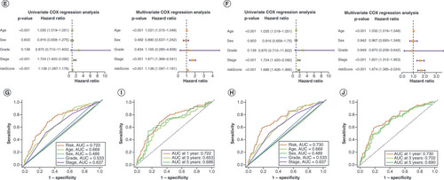 Figure 5. Evaluation of lncRNA and mRNA risk signatures. Kaplan–Meier overall survival curves for patients with bladder cancer (BLCA) in the low- and high-risk subgroups of the lncRNA (A) and mRNA (B) risk signatures. Kaplan–Meier progression-free survival curves for patients with BLCA in the low- and high-risk subgroups of the lncRNA (C) and mRNA (D) risk signatures. Univariate and multivariate analyses of independent prognostic value of the lncRNA (E) and mRNA (F) risk signatures. Receiver operating characteristics (ROC) curves for the risk scores of the lncRNA (G) and mRNA (H) risk signatures and other clinical characteristics. ROC curves validating the prognostic capability of lncRNA (I) and mRNA (J) risk signatures at 1, 3 and 5 years, respectively.