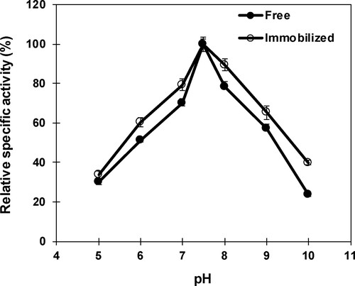 Figure 3. Influence of pH on free and immobilized β-mannanase activity. Analyses were conducted three times and data are reported as mean values ± SD.