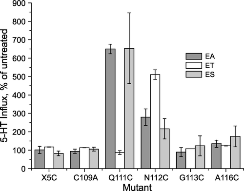 Figure 3.  Effect of methanethiosulfonate reagents on EL1 cysteine mutants. Hela Cells expressing SERT EL1 mutants were treated with 1 mM MTSEA (EA), MTSET (ET) or MTSES (ES) for 10 min and then assayed for 5-HT influx, as described under ‘Experimental procedures’. The results represent data combined from three experiments and are expressed as a percentage of the untreated activity of each mutant.