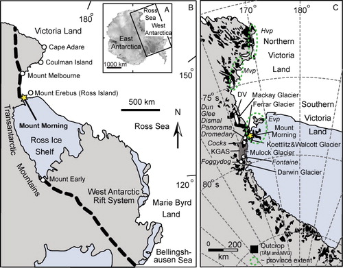 Figure 1 Location. A, Outline of ice-covered Antarctic continent. B, Regional setting. The dashed line indicates the western boundary of the West Antarctic Rift System (after LeMasurier Citation2008). C, Victoria Land. Cenozoic volcanic provinces in Victoria Land include Hallett volcanic province (Hvp), Melbourne volcanic province (Mvp) and Erebus volcanic province (Evp) (Harrington Citation1958; Kyle & Cole Citation1974). The pluton names are italicised and are referenced in the text, Fig. 10, and the online supplementary data.