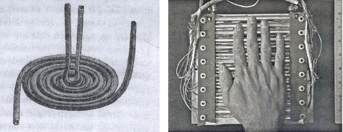 Figure 5. Thunberg’s brass coils from 1894 (left) and a modern Thunberg’s grill (right), in which fifteen 1-cm-wide silver bars are set about 3 mm apart. Alternate (even- and odd-numbered) bars can be heated or chilled independently.