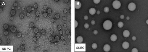 Figure 8 TEM micrographs of (A) diluted NE preconcentrates and (B) reconstituted SNEGs (×50,000).Abbreviations: PC, preconcentrate; S/Co-s, ratio of surfactant to co-surfactant; SNEGs, self-nanoemulsifying granules; TEM, transmission electron microscopy; NE, Nanoemulsion.