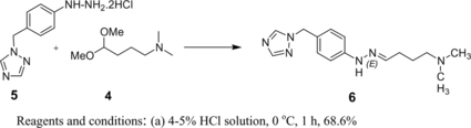 Scheme 2 Synthesis of 1-(4-(2-(4-(Dimethylamino) butylidene) -hydrazino) phenyl) -methyl -1,2,4 triazole (6).