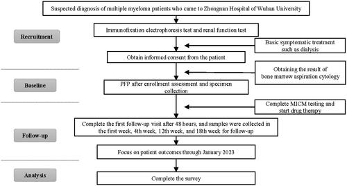 Figure 1. Flow diagram of the implementation sequence. PFP: plasma-free plasmapheresis using a 4% human albumin solution; MICM: bone marrow morphology, immunology, cytogenetics, and molecular biology.