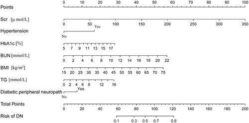 Figure 2 A nomogram for predicting the incidence of diabetic nephropathy in T2DM patients.