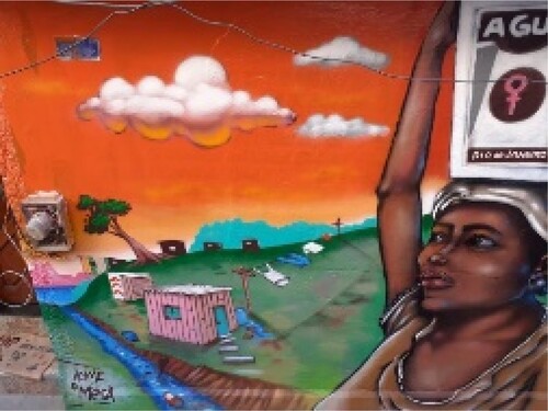 Figure 6. Mural by the artist ACME in PPG, depicting a woman carrying water from the Lagoa (Lagoon) Rodrigo de Freitas, also a story recounted by many women, Marcia’s grandmother, Dona Celestina and Rosa (photo by MUF Citationn.d.).