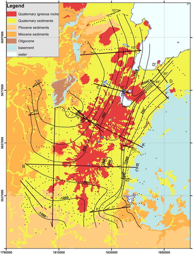 Figure 6. 3D depth to basement model for the Tongariro National Park (contours at 250 or 500 m as annotated) overlain on simplified geology (geology after GNS Science Citation2014). Note the depths are relative to sea-level and the model datum was +500 m. The location of 2D gravity models used to derive the basement surface shown by black lines annotated with dip of segments, and location for profiles in Figures 4 and 5.