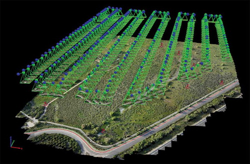 Figure 5. Flight pattern with the location of the photographs over the produced 3D point cloud (FV-8 system). Green circles: predicted shooting points, blue circles: real shooting points.